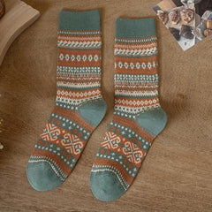 Socofy Vicconfy Mid-calf Socks Vintage Ethnic Striped Cotton Socks
