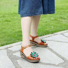 Socofy summer on leather retro three-dimensional flowers casual comfortable sloping sandals