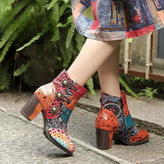 Socofy Genuine Leather Women Shoes Zip Round Toe Sewing High Heel Ankle Boots