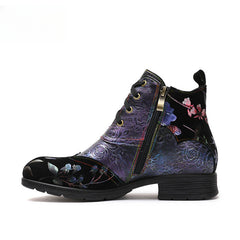Socofy Vicconfy Genuine Leather Ethnic Illusion Blue Purple Vintage Ankle Boots