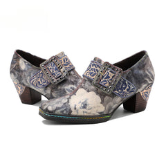 Socofy  Vicconfy Genuine Leather Vintage Style Water Print High Heeled Single Shoes