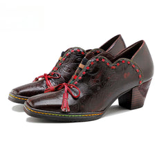 Socofy spot genuine leather bow tassel retro palace style thick heel women's high heels