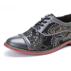 Socofy Handmade Leather Vintage Lace-Up Flats Loafers Shoes