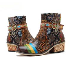 Socofy Vicconfy Genuine Leather Floral Vintage Casual Comfort Ankle Boots