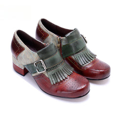 Socofy Genuine leather vintage brogue tassel side zipper Pupms