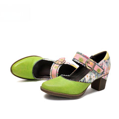 Socofy Vicconfy Floral Leather Women's Mary Jane Heel