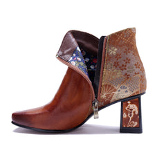 Socofy Retro Handmade Leather Butterfly Side Zip Heeled Boots