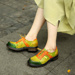 Socofy genuine leather retro printed lace-up casual round toe thick heel women's leather flat shoes