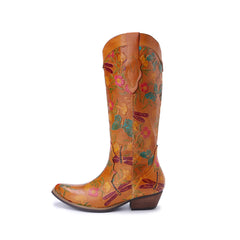 Socofy Winter Vintage Leather Floral Boots