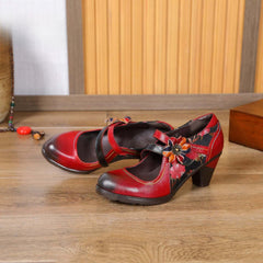 Socofy Vicconfy Colorful Stitching Painted Flower Spring Hook Loop Genuine Leather Spike Heels Round Toe Women Pumps