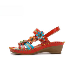 Socofy Vicconfy Genunie Leather Floral Handmade Women's Sandals