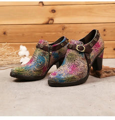 SOCOFY Genuine Leather Slip-On Square heel Round Toe Mixed Colors Heels