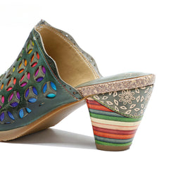 Socofy summer leather rubbed retro colourful hollow out high heel sandals