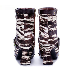 Socofy Vicconfy Retro Handmade Zebra Pattern Buckle Ankle Boots