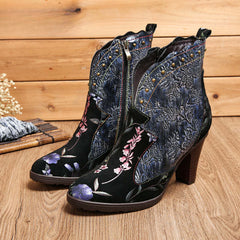 Socofy Vicconfy Vintage Genuine Leather Boots Floral Women's Boots