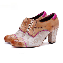 Socofy Genuine leather vintage splicing rose fashion lace-up high heels shoes