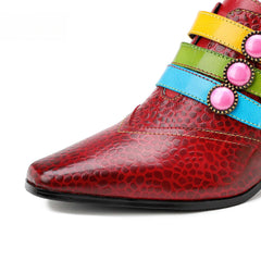 Socofy Red Leather Vintage Buckle High Heels Women's Shoes