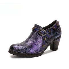 Socofy Ethnic style thick heel retro shoes pumps