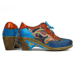 Socofy Vintage Handmade Bohemian Brogue Printed Heels Shoes