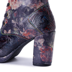 Socofy Winter Retro Lace Print Heeled Boots
