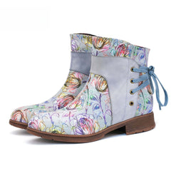 Socofy Vicconfy Retro Leather Blossom Casual Comfort Ankle Boots