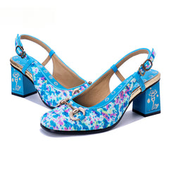 Socofy Handmade Leather Crushed Flower Chunky High Heeled Sandals