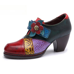 Socofy retro printing splicing ethnic style high heels women's shoes