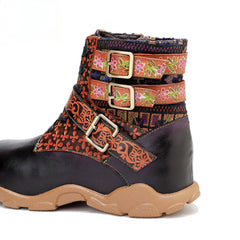 Socofy Vicconfy Leather Handmade Color Rubbed Printed Belt Buckle Flat Women's Boots