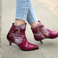 Socofy Leather Printed Patchwork Belt Buckle Slim Heel Women's Boots