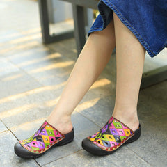 Socofy Genuine leather hand-rubbed casual retro colorful hollow comfortable flat slippers