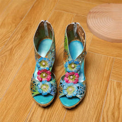 Socofy Genuine Leather Mixed Colors Zip Handmade Flower Sewing Retro Platform Sandals
