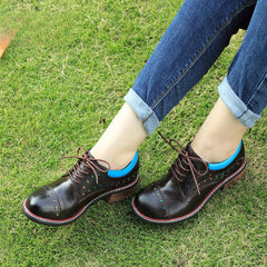 Socofy Leather Star Deco Lace Up Chunky Heel Single Shoes