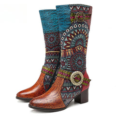 Socofy pointed-toe adhesive-soled high-top cowhide bohemian ethnic style fashion boots