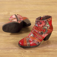 Socofy Retro leather stitching high ethnic style flower women's boots