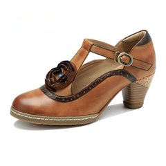 Socofy spring genuine leather retro Mary Jane high-heeled shoes