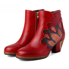 Socofy Vicconfy Retro Pattern Leather Zipper Ankle Boots