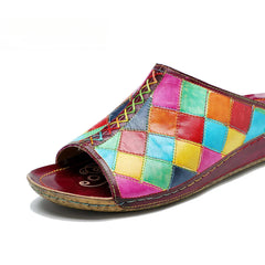 Socofy Genuine Leather Outside Slides Summer New Handmade Retro Contrasting Plaid Comfortable Flat Slippers