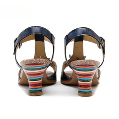 Socofy Genuine Leather Hand-painted Retro Contrast Comfortable High Heeled Sandals
