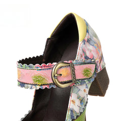 Socofy Vicconfy Floral Leather Women's Mary Jane Heel