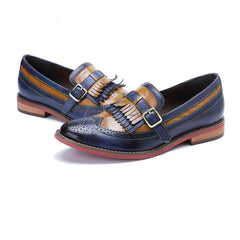 Socofy Genuine Leather Women's Retro Colorblocking Tassel Flat Comfort Loafers