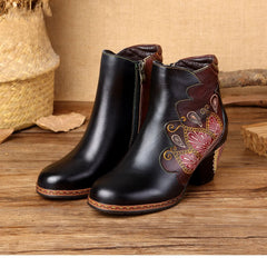 Socofy Vicconfy Retro Pattern Leather Zipper Ankle Boots
