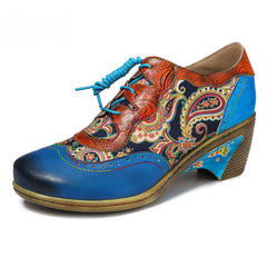 Socofy Vintage Handmade Bohemian Brogue Printed Heels Shoes
