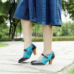 Socofy genuine leather hand-rubbed hollow flower high heels for women