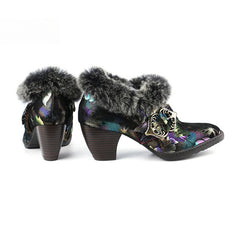 Socofy Vicconfy Genuine Leather Vintage Genuine Wool Patchwork Vintage Illusion Pumps