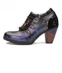 Socofy Vicconfy Genuine Leather Lace Trim Vintage Floral Illusion Heels