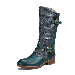 Socofy Vicconfy Side Zipper Vintage Floral Flat Heel Long Boots