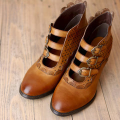 Socofy Vicconfy Retro Cutout High Heel Leather Boots