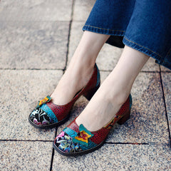 Socofy Butterfly Genuine leather Floral Deco Heels Women's shoes