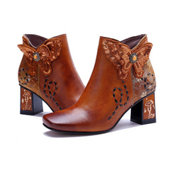 Socofy Retro Handmade Leather Butterfly Side Zip Heeled Boots