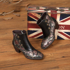 Socofy Leather Retro Flowers Fashionable Zipper Heel Boot